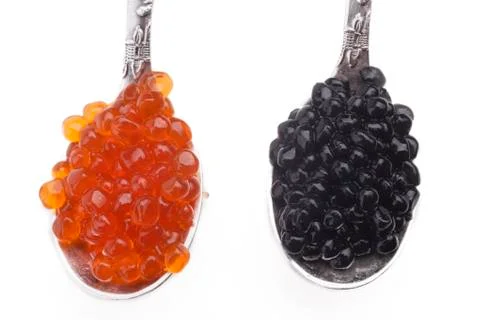 Two spoons of caviar Stock Photos