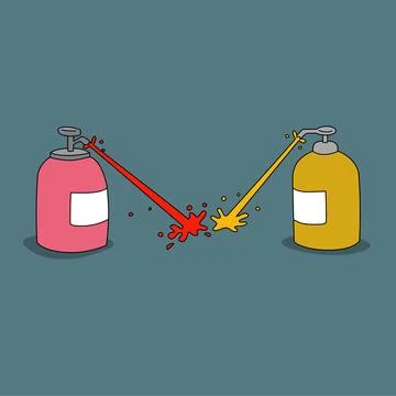 Two sprayed bottles of red tomato sauce and yellow mustard. food supplements Stock-Illustration