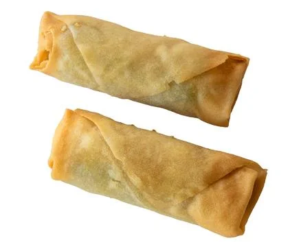 Two spring rolls isolated on white background. Top view close up image. Stock Photos