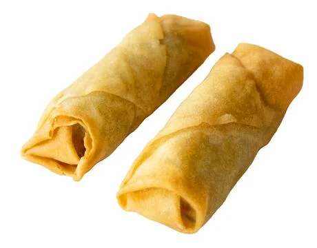 Two spring rolls isolated on white background. Top view close up image. Stock Photos