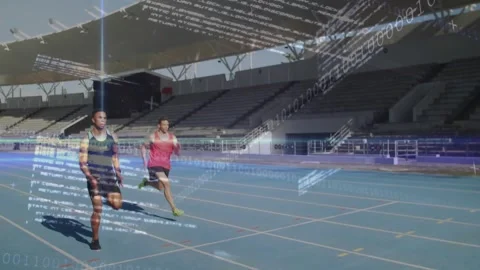 Two sprinters starting sprinting on blue track for sports drill while binary Stock Footage 329751258