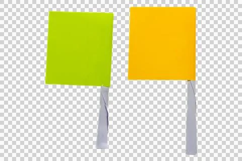 Two square flags, one lime green and one yellow, mounted on thin silver pol.. Stock Photos