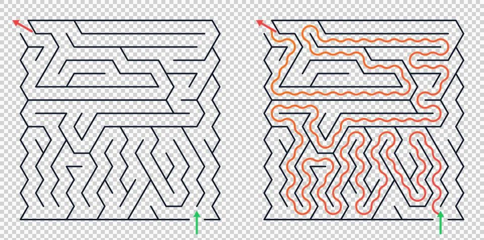 Two square labyrinths showing empty and solved path Stock Illustration