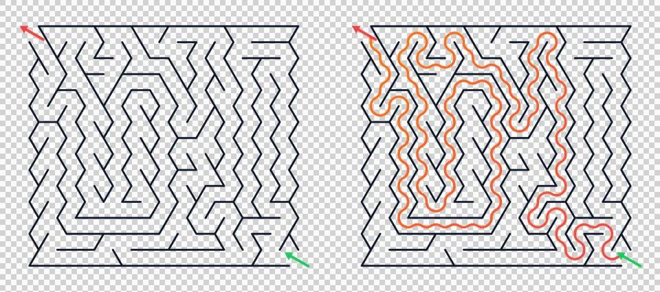 Two square labyrinths showing empty and solved path Stock Illustration