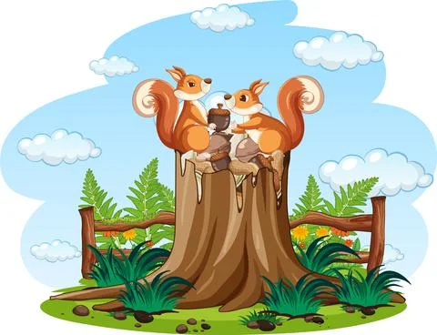 Two squirrels with nuts in the park Illustrazione stock