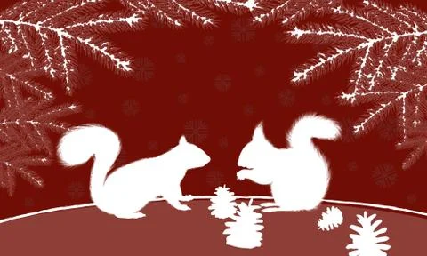 Two squirrels with pinecone in christmas red vector Illustrazione stock