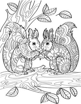 Two Squirrels Standing Holding Acorn On Top Of Tree Branch With Leaves Illustrazione stock