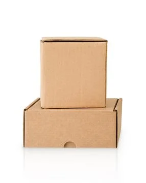 Two stack empty closed cardboard box on white isolated background with clippi Stockfoto's