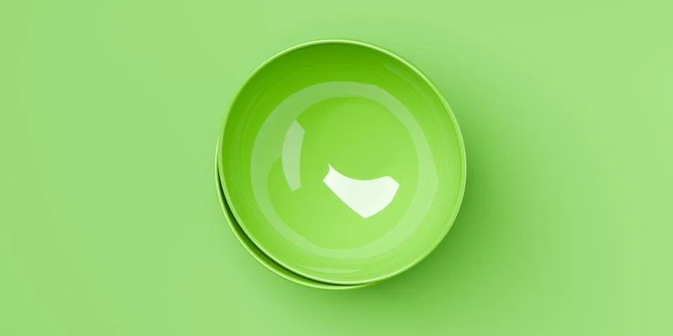 Two stacked empty green ceramic bowls or dishes on green background, flat l.. Stock Illustration