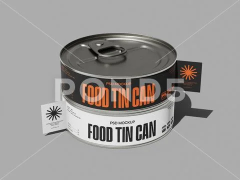 Two Stacked Food Tin Cans Mockup with Ring Pull-Tabs on Gray Background PSD Template