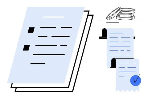 Two stacked papers with text and icons alongside bills or receipts, a blue ch イラスト素材