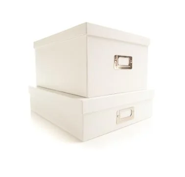 Two Stacked White File Boxes with Lids Isolated on a White Background. Stockfoto's
