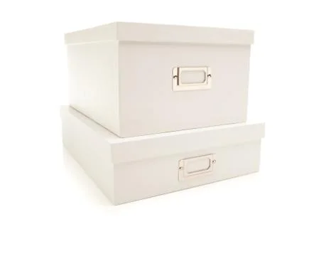 Two Stacked White File Boxes with Lids Isolated on a White Background. Foto stock