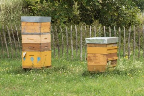 Two stacks of beehives Stock Photos