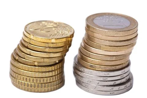 Two stacks of coins isolated Stock Photos