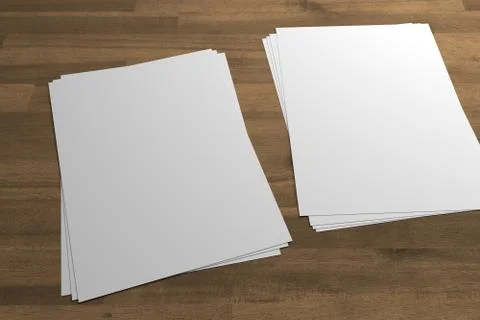 Two stacks of flyers or leaflets 3D illustrationon mockup on wood Illustrazione stock