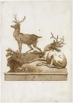 Two Stags, One Standing and One Lying, on a Grassy Knoll (with a Base) afte.. Stock Photos