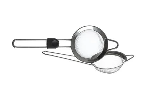 Two stainless steel kitchen strainers isolated on white Stock Photos