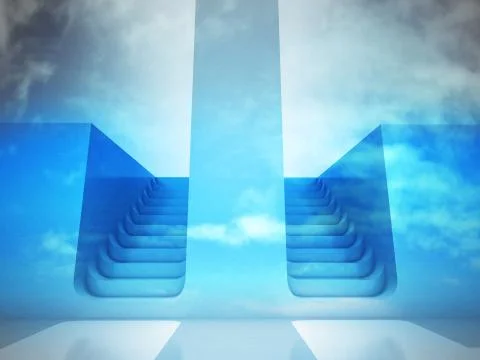 Two staircase ways decision concept in blue sky render illustration Ilustración de archivo