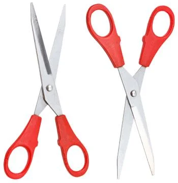 Two standard scissors with red handles isolated Stock Photos