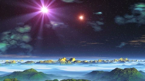 Two Stars (UFO) over Alien Planet Stock Footage 101233573