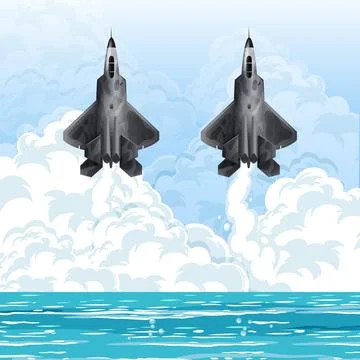 Two Stealth Fighter Jets Flying Over the Ocean with Clouds Stock Illustration
