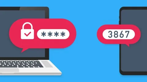 Two step authentication illustration, flat cartoon smartphone and computer Stock Footage 158894054