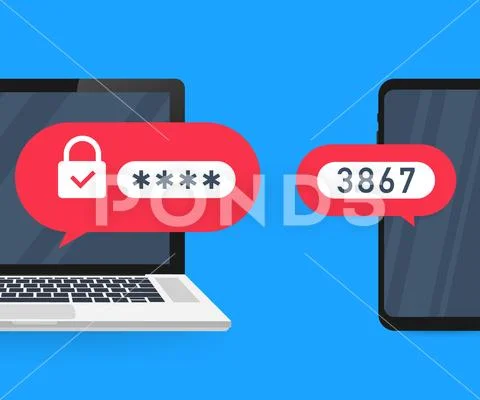 Two step authentication vector illustration, flat cartoon smartphone and comp Stock Illustration