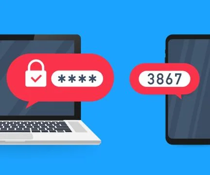 Two step authentication vector illustration, flat cartoon smartphone and comp Stock Illustration