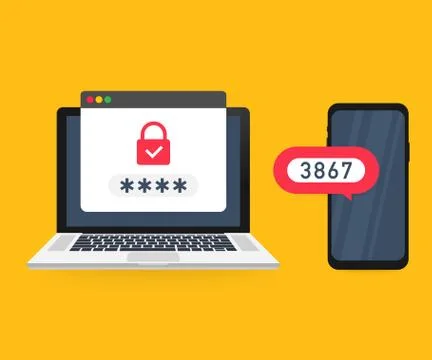 Two step authentication vector illustration, flat cartoon smartphone and comp Stock Illustration