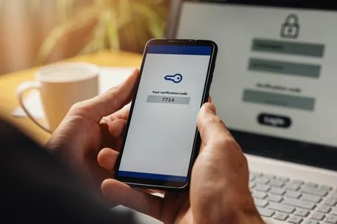 Two-step authentication. verification code on smart phone screen for identi.. Stock Photos