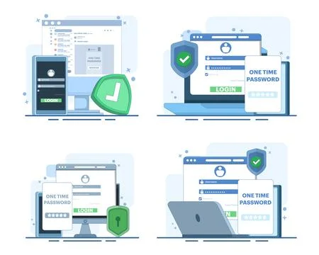 Two-step login security set featuring website authentication Stock Illustration