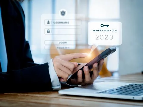 Two steps authentication (2FA) concept. 2023, Verification code and key ico.. Stock Photos