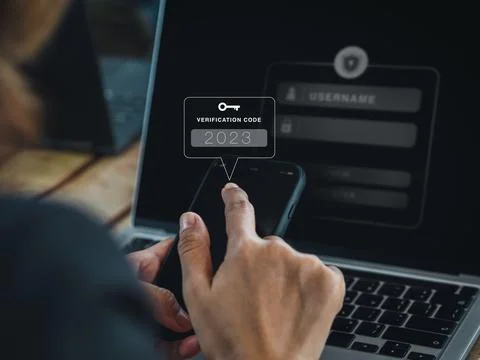 Two steps authentication (2FA) concept. 2023, Verification code and key ico.. Stock Photos