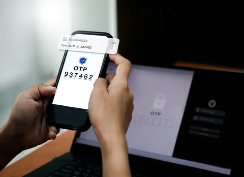 Two steps authentication concept. OTP code showing on phone screen for log .. 스톡 사진