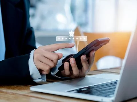 Two steps authentication concept. Virtual safety shield icon while access o.. Stock Photos