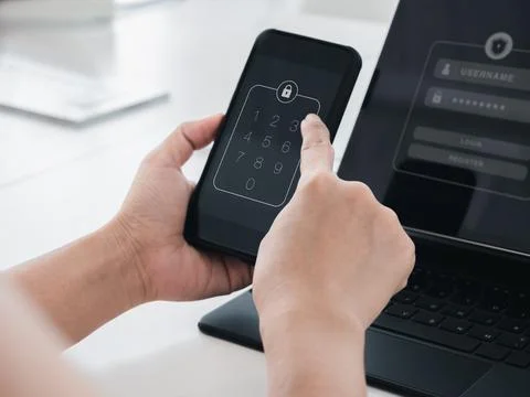 Two steps authentication or 2FA concept. Numbers passcode, lock code icon on  Foto stock