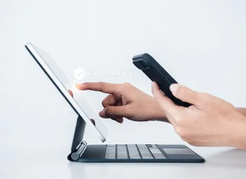 Two steps authentication or 2FA concept. Virtual safety shield icon while acc Stock Photos