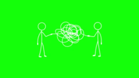 Two stick figures holding tangled thread line communication conflict, loop 库存影片 341283661