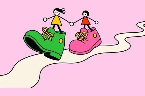 Two stick figures walking in oversized shoes Stock Illustration