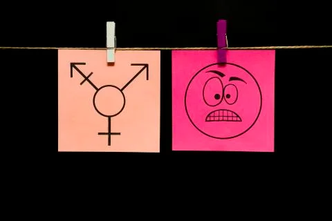 Two stickers. On the left white page image of transgender symbol. On right pink Stock Photos