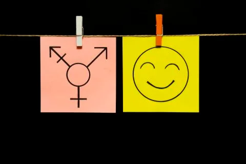 Two stickers. On the left white page image of transgender symbol. On the right Stock Photos