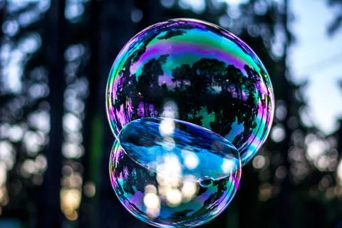Two sticky soap bubbles fly in the air Stock Photos