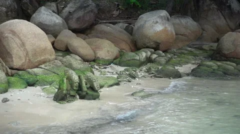 Two Stone Statues in the Moss on the Beach, Lapped by the Waves. Slow Motion Stock Footage 66314496