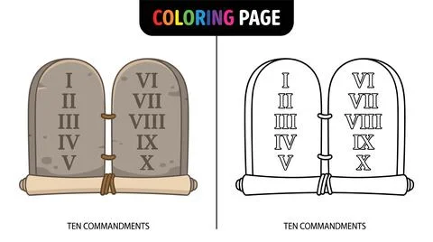 Two stone tablets inscribed with Roman numerals I-X, representing the Ten Com Stock Illustration