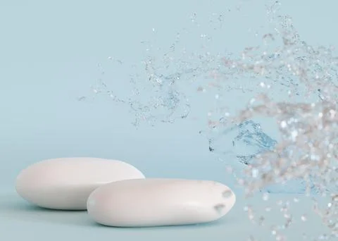 Two stones-podiums with water splash on blue background. Elegant stage for Stock Illustration