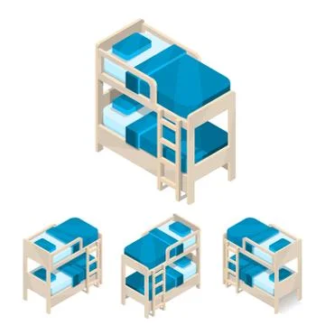 Two storey bed. Large new isometric blue furniture with bedding and pillows. Stock Illustration