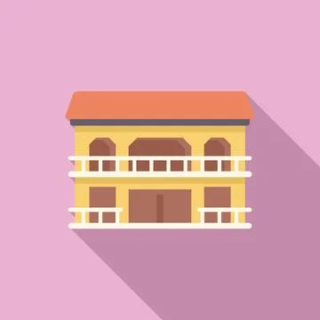 Two storey building with balconies is casting long shadow Ilustración de archivo