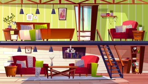 Two storey loft rooms interior vector illustration Stock Illustration