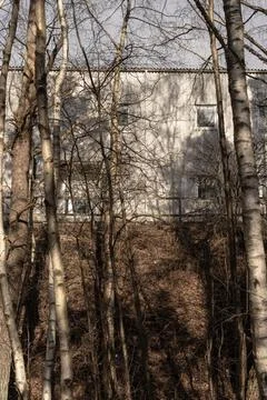 Two storey warehouse behind a small forest Stock Photos